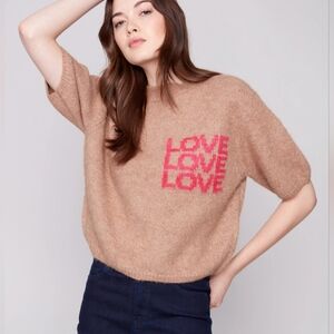 NWT CHARLIE B Balloon Elbow Sleeve Knit Sweater Tan "Love"  Medium